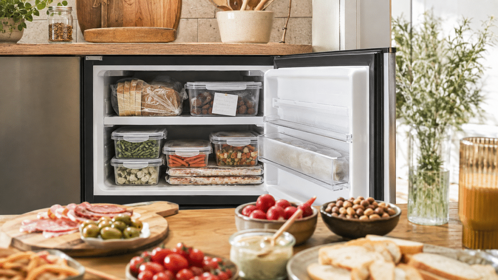 Boîtes hermétiques et aliments rangés près d’un congélateur ouvert dans une cuisine
