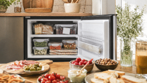 Boîtes hermétiques et aliments rangés près d’un congélateur ouvert dans une cuisine
