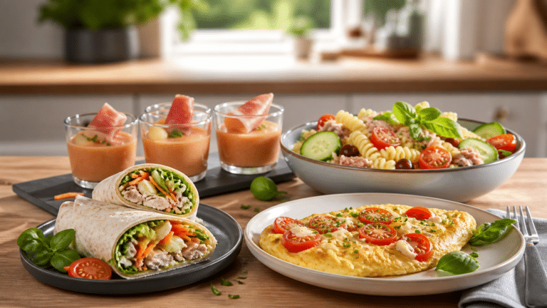 Quatre plats rapides de rentrée avec wraps, salade de pâtes, omelette tomate et gaspacho frais
