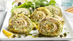 Roulé aux courgettes garni au thon et fromage frais coupé en tranches pour l’apéro