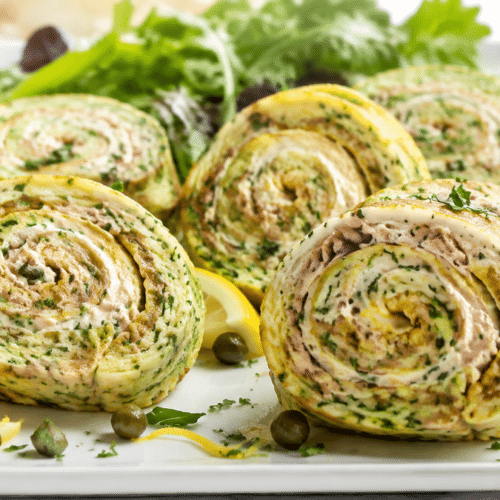 Roulé aux courgettes garni au thon et fromage frais coupé en tranches pour l’apéro