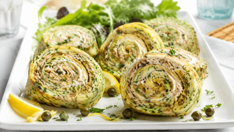 Roulé aux courgettes garni au thon et fromage frais coupé en tranches pour l’apéro