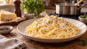 Spaghetti crémeux au parmesan et au poivre servis dans une assiette