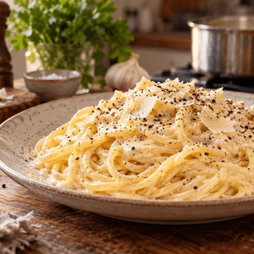 Spaghetti crémeux au parmesan et au poivre servis dans une assiette
