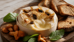 Camembert rôti fondant avec ail noir girolles oseille et pain de seigle