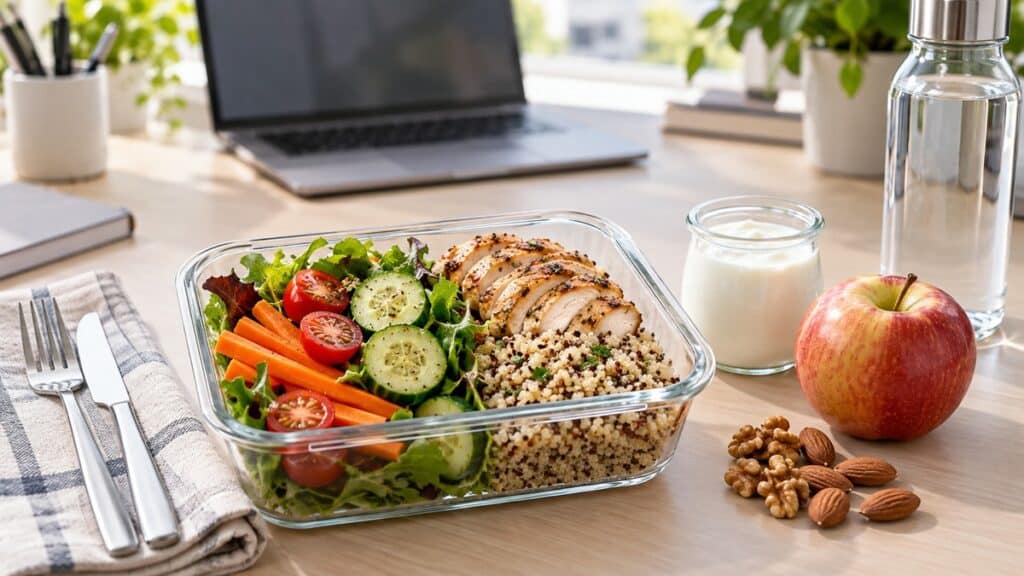 Lunchbox au bureau avec légumes, poulet, céréales complètes, fruit, noix, yaourt et eau