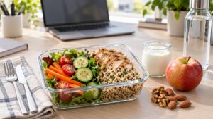 Lunchbox au bureau avec légumes, poulet, céréales complètes, fruit, noix, yaourt et eau