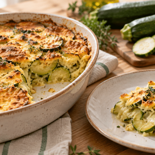 Gratin de courgettes sans crème fraîche doré dans un plat en céramique avec une part servie