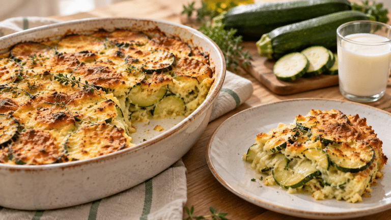 Gratin de courgettes sans crème fraîche doré dans un plat en céramique avec une part servie