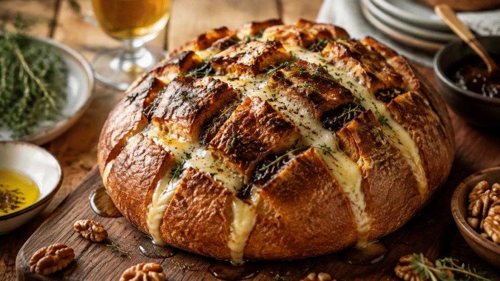 Pain rond quadrillé garni de fromage fondu et de confiture pour un apéritif convivial
