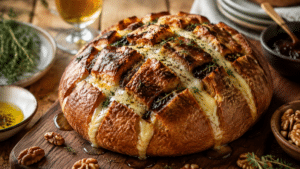 Pain rond quadrillé garni de fromage fondu et de confiture pour un apéritif convivial