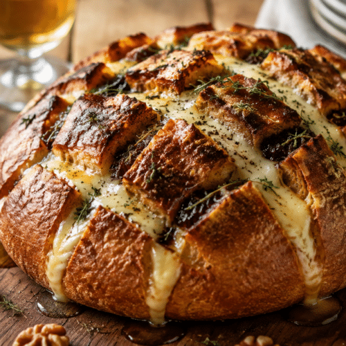 Pain rond quadrillé garni de fromage fondu et de confiture pour un apéritif convivial
