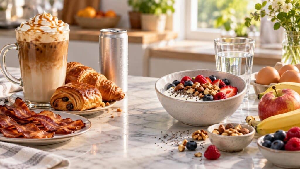 Café sucré, viennoiseries et bacon face à un petit-déjeuner avec eau, fruits, noix et yaourt