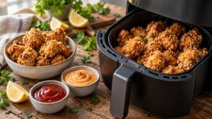Bouchées de poulet popcorn croustillantes au riz soufflé dans un Air Fryer avec deux sauces