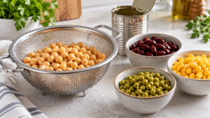 Pois chiches, haricots rouges, petits pois et maïs en conserve égouttés dans une passoire et des bols