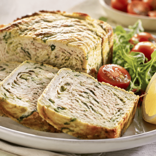 Terrine froide courgette thon tranchée avec salade tomates cerises et citron