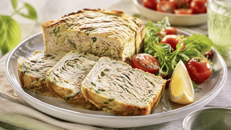 Terrine froide courgette thon tranchée avec salade tomates cerises et citron