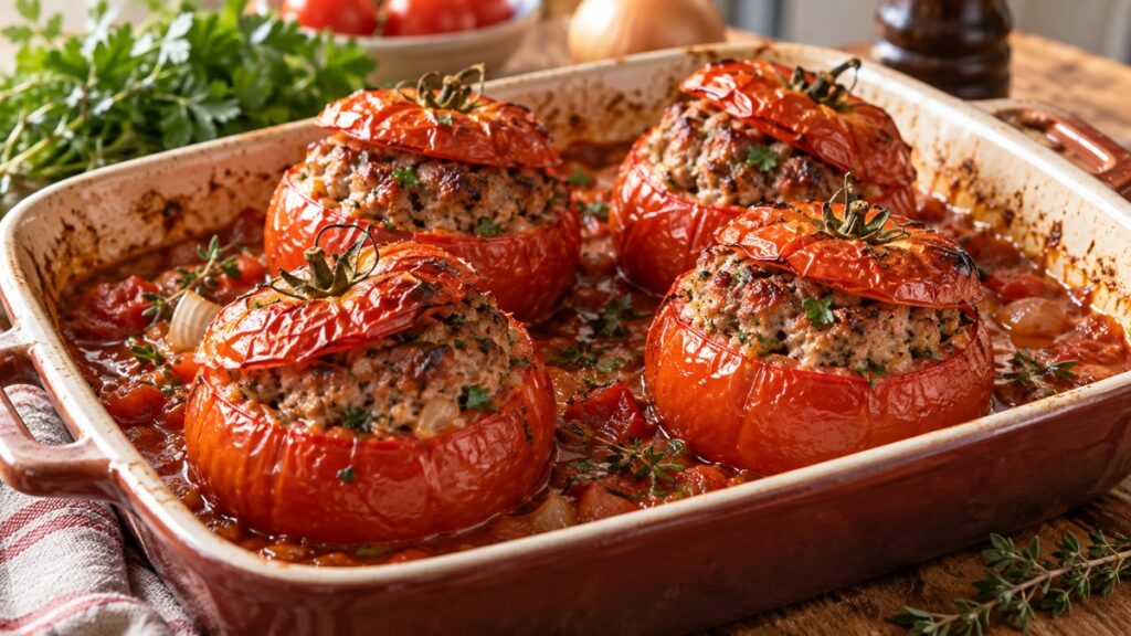 Quatre tomates farcies dorées au four dans leur jus de tomate et d’oignon