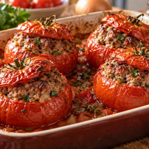Quatre tomates farcies dorées au four dans leur jus de tomate et d’oignon