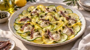 Zucchini tonnato aux courgettes crues, sauce au thon, câpres et anchois