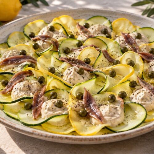 Zucchini tonnato aux courgettes crues, sauce au thon, câpres et anchois