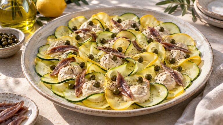 Zucchini tonnato aux courgettes crues, sauce au thon, câpres et anchois