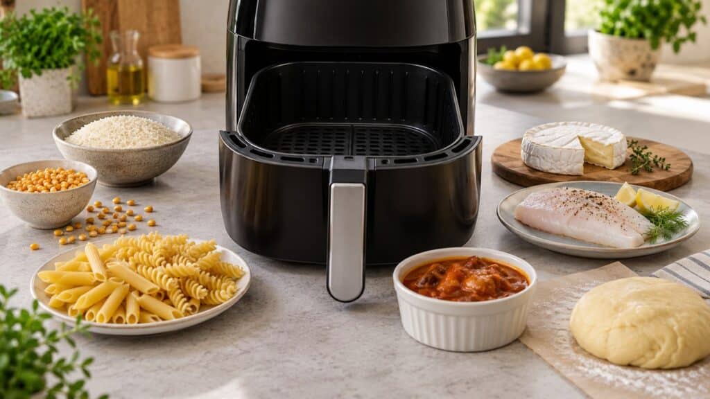 Airfryer entouré de plusieurs aliments qui demandent une cuisson adaptée
