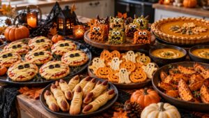 Buffet de recettes d’Halloween avec mini-pizzas momies, biscuits doigts, soupe et tarte au potiron