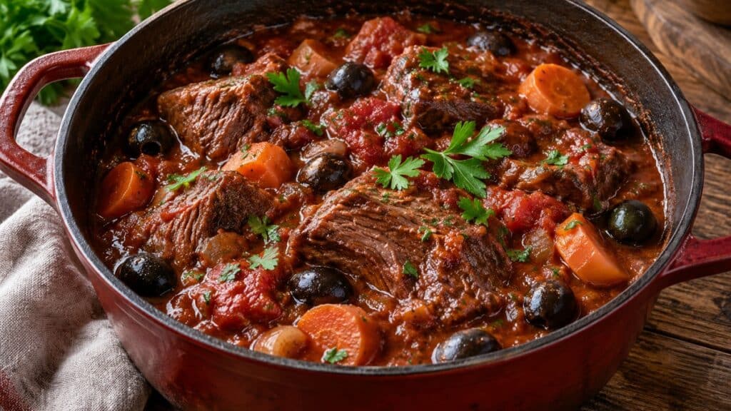 Cocotte de bœuf mijoté à la tomate et aux olives