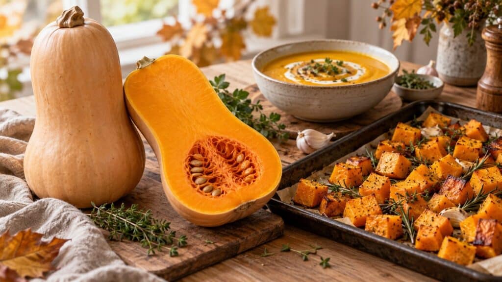 Courge butternut entière et coupée, cubes rôtis aux herbes et velouté