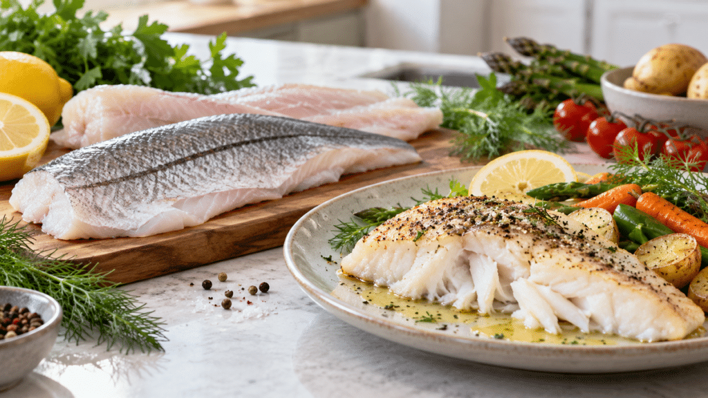 Filet d’églefin blanc nacré préparé pour une cuisson douce avec citron et herbes