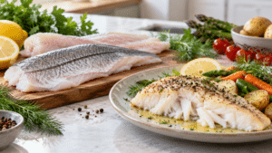 Filet d’églefin blanc nacré préparé pour une cuisson douce avec citron et herbes