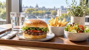 Burger, petite portion de frites, salade et verre d’eau servis à l’heure du déjeuner