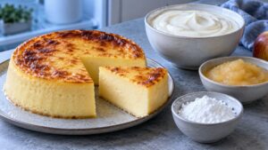 Flan vanille sans pâte accompagné de skyr, de fécule de maïs et de compote de pomme