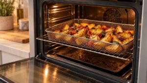 Quartiers de pommes de terre et légumes cuits dans un panier perforé placé dans un four ventilé