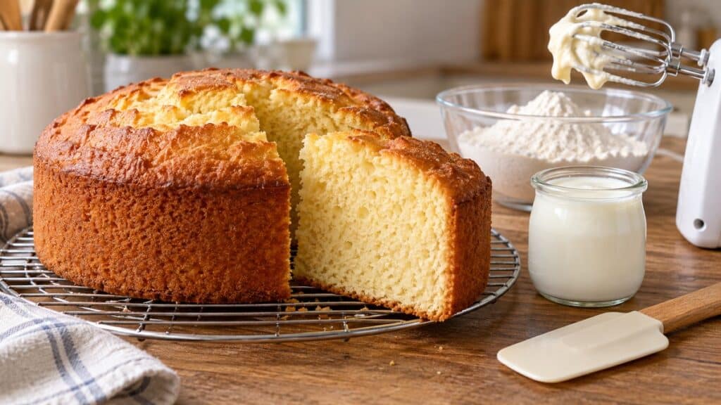 Gâteau au yaourt sans levure, haut et doré, avec une mie fine et aérée