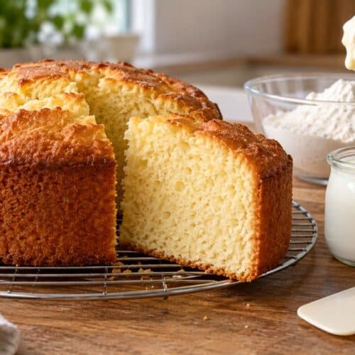 Gâteau au yaourt sans levure, haut et doré, avec une mie fine et aérée