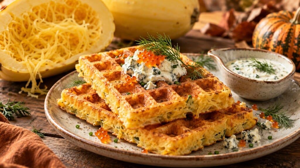 Gaufres salées à la courge avec crème aux herbes et œufs de truite