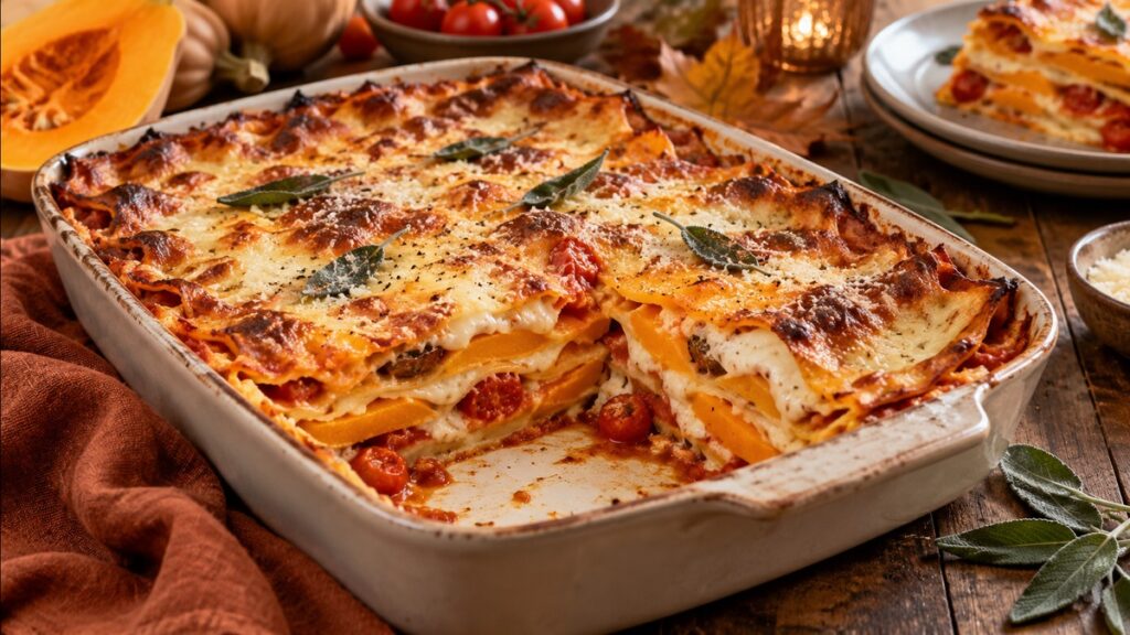 Lasagnes végétariennes d’automne au butternut, tomates cerises, sauge et parmesan