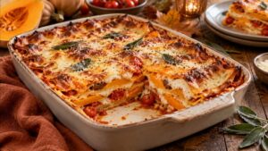 Lasagnes végétariennes d’automne au butternut, tomates cerises, sauge et parmesan