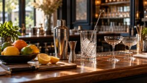 Shaker, doseur, verre à mélange et agrumes sur un comptoir de bar