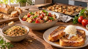 Pain rassis transformé en chapelure aux herbes, panzanella et pain perdu avec glace vanille