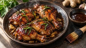 Poulet caramélisé au four, laqué de sauce soja, ail et gingembre avec basilic thaï
