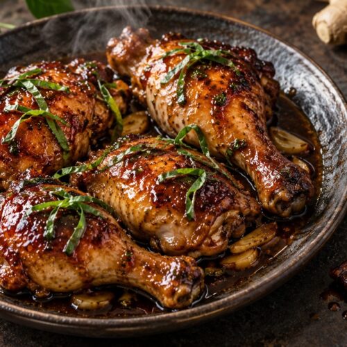 Poulet caramélisé au four, laqué de sauce soja, ail et gingembre avec basilic thaï
