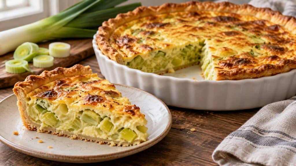 Quiche aux poireaux dorée sans lardons, avec une part découpée