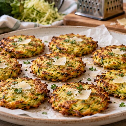 Röstis de courgettes dorés au four avec parmesan, courgettes râpées et torchon