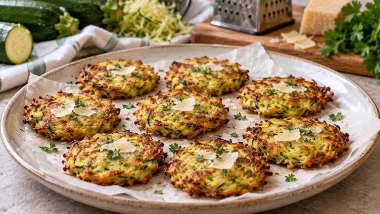 Röstis de courgettes dorés au four avec parmesan, courgettes râpées et torchon