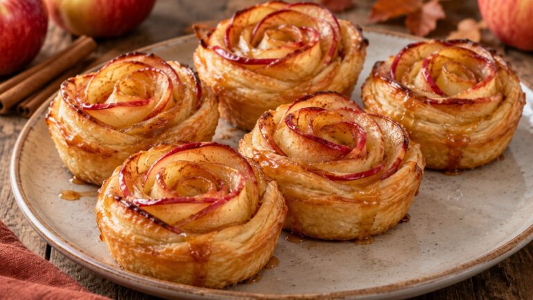 Roulés feuilletés aux pommes rouges en forme de roses avec un filet de caramel