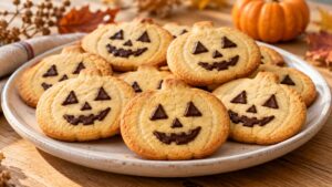 Biscuits sablés en forme de citrouille avec des visages en chocolat pour Halloween
