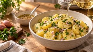 Salade de pommes de terre tiède assaisonnée au vin blanc, échalotes et persil